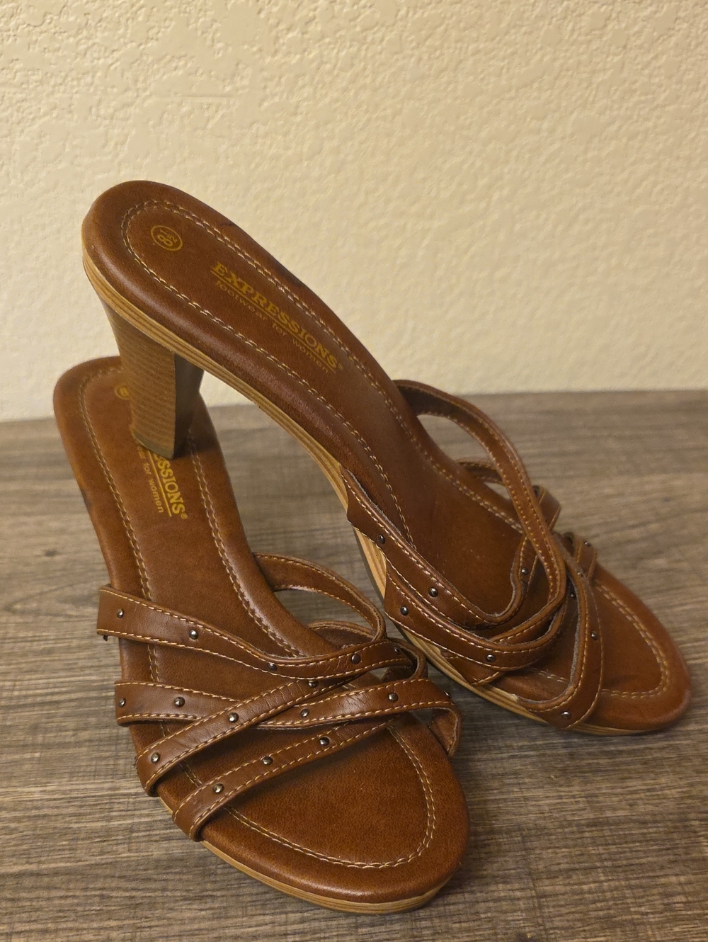 Expressions Brown Studded Strappy High Heel Sandals Size 8.5